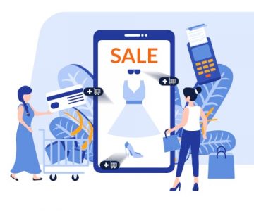 Online shopping vector landing page template with header. Discount mobile app web banner, homepage design with flat illustrations. Buyers cartoon characters. Sale, internet purchase concept